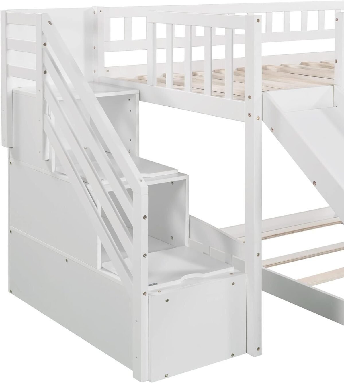 Twin Low Bunk Bed Slide and Storage Stairs Drawers, Wooden Floor Bunkbeds