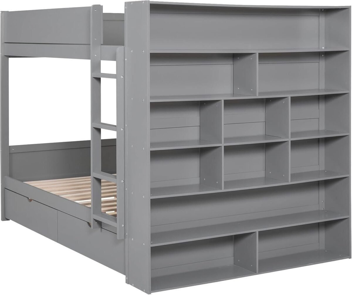 Full Over Full Bunk Bed with 2 Drawers and Multi-Layer Cabinet, Wooden Bunkbeds with Shelves Storage