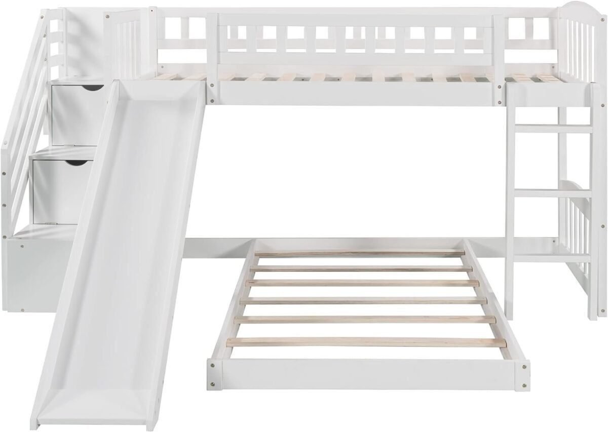 Twin Low Bunk Bed Slide and Storage Stairs Drawers, Wooden Floor Bunkbeds