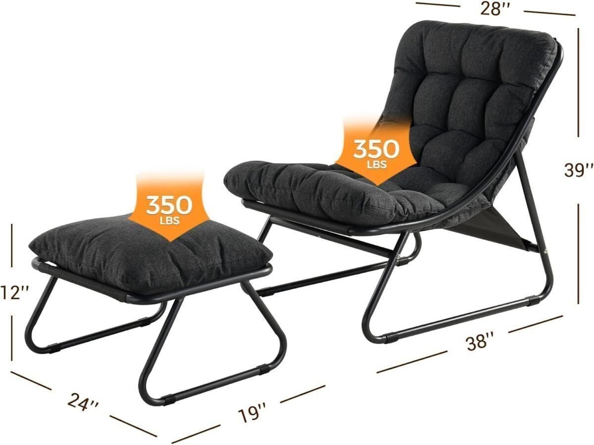 Outdoor Lounge Chair with Ottoman, Comfy Sling Recliner Chair with Puffy Cushion and Footstool