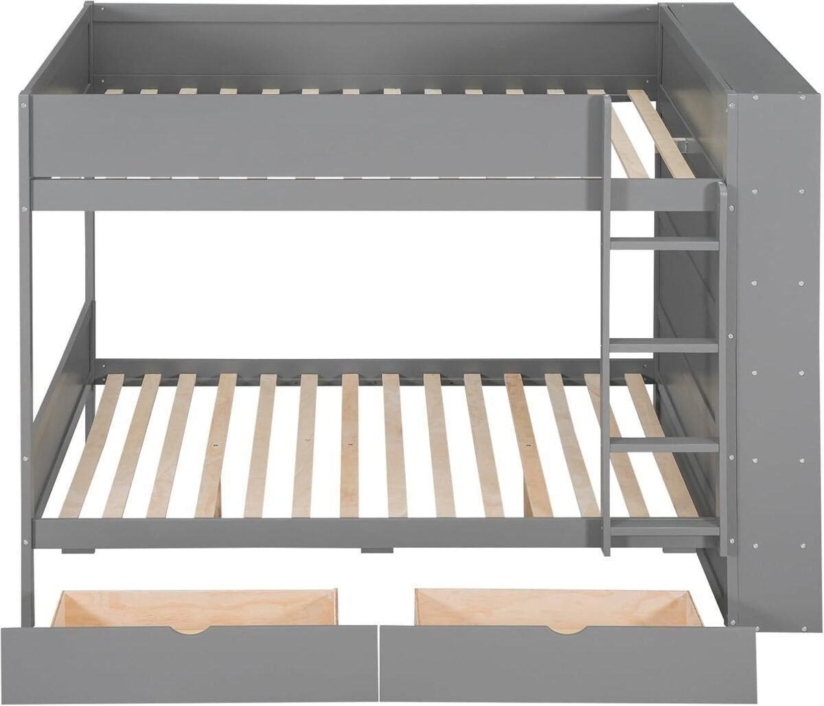 Full Over Full Bunk Bed with 2 Drawers and Multi-Layer Cabinet, Wooden Bunkbeds with Shelves Storage