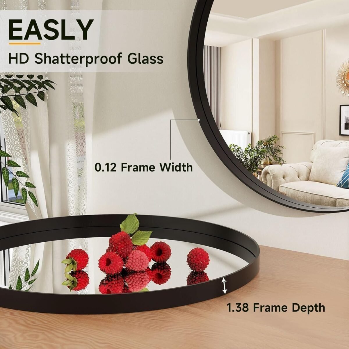 24 Inch Round Bathroom Mirror - Wall Mounted Circle Mirror with Metal Frame, Modern Mirror Suitable for Bathroom