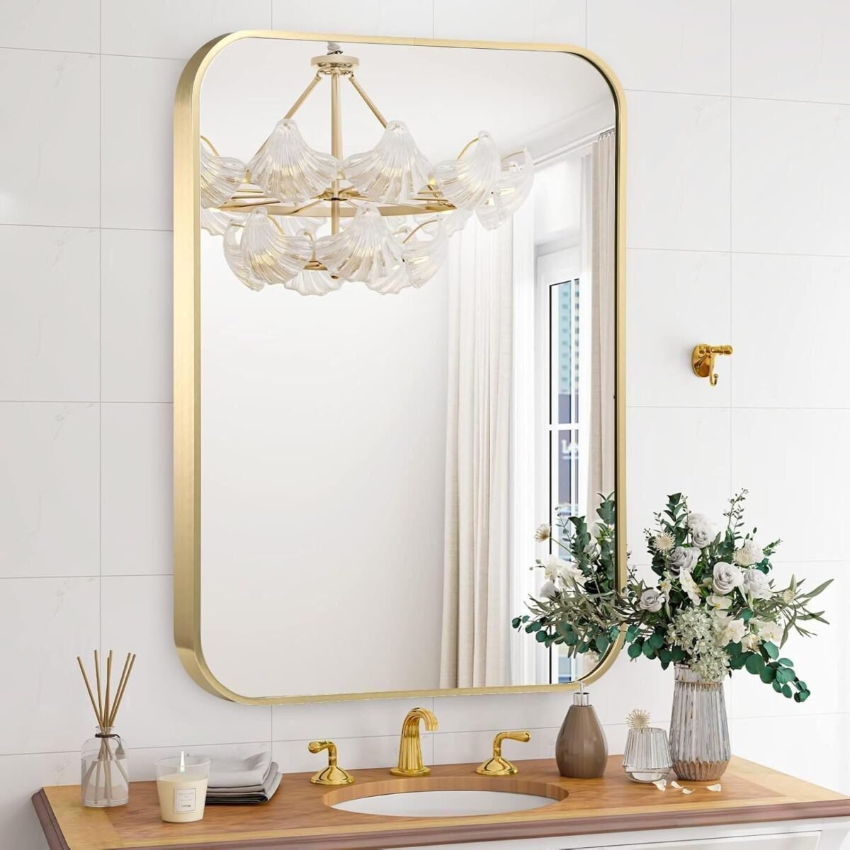 16x20 Inch Bathroom Mirror for Wall,Gold Framed Rectangle Mirror with Rounded Corner,Aluminum Alloy Framed Brushed Wall Mirror