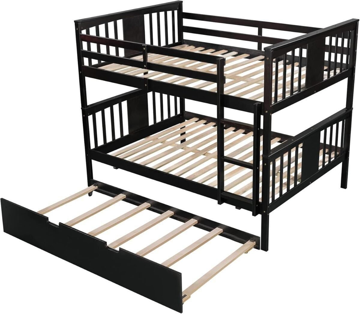 Full Over Full Bunk Bed with Twin Size Trundle, Wood Bedframe w/Guardrails and Ladder