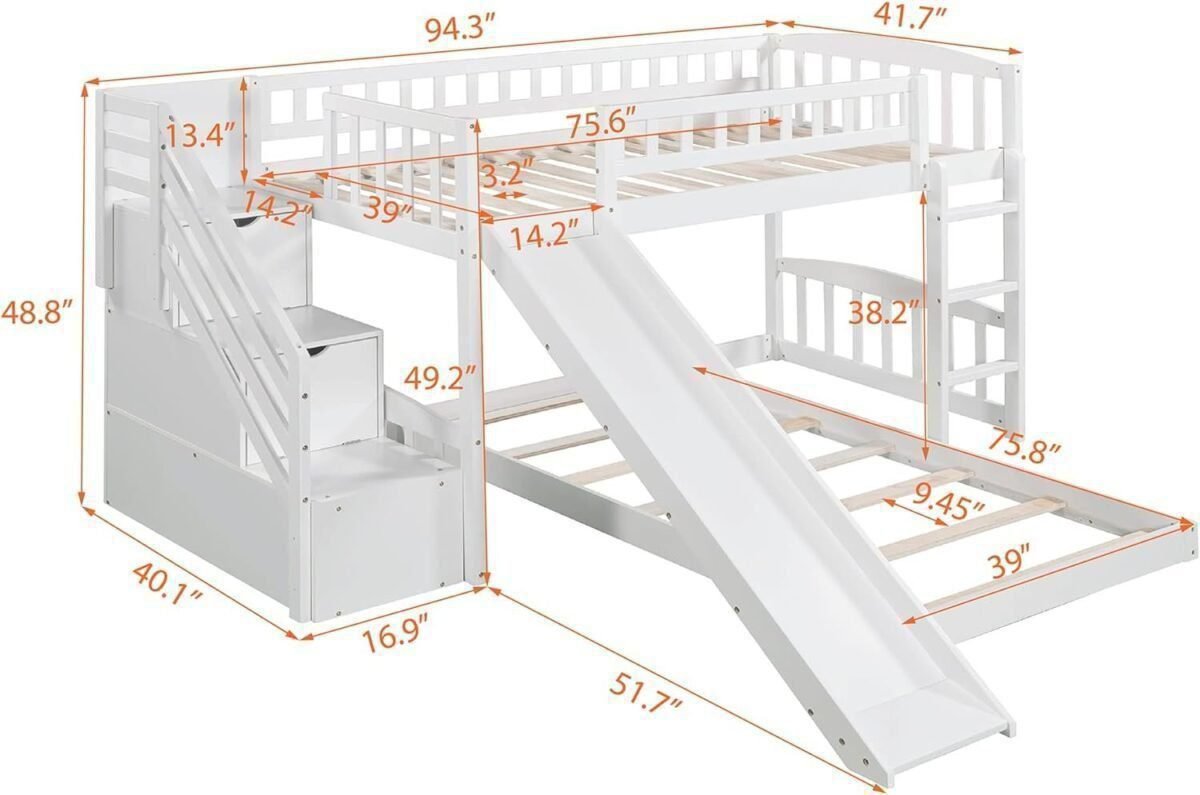 Twin Low Bunk Bed Slide and Storage Stairs Drawers, Wooden Floor Bunkbeds