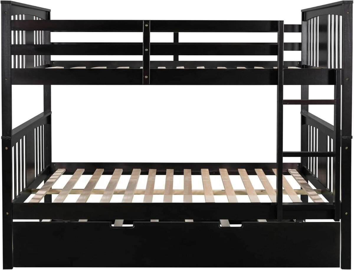 Full Over Full Bunk Bed with Twin Size Trundle, Wood Bedframe w/Guardrails and Ladder