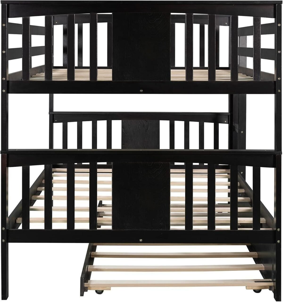 Full Over Full Bunk Bed with Twin Size Trundle, Wood Bedframe w/Guardrails and Ladder