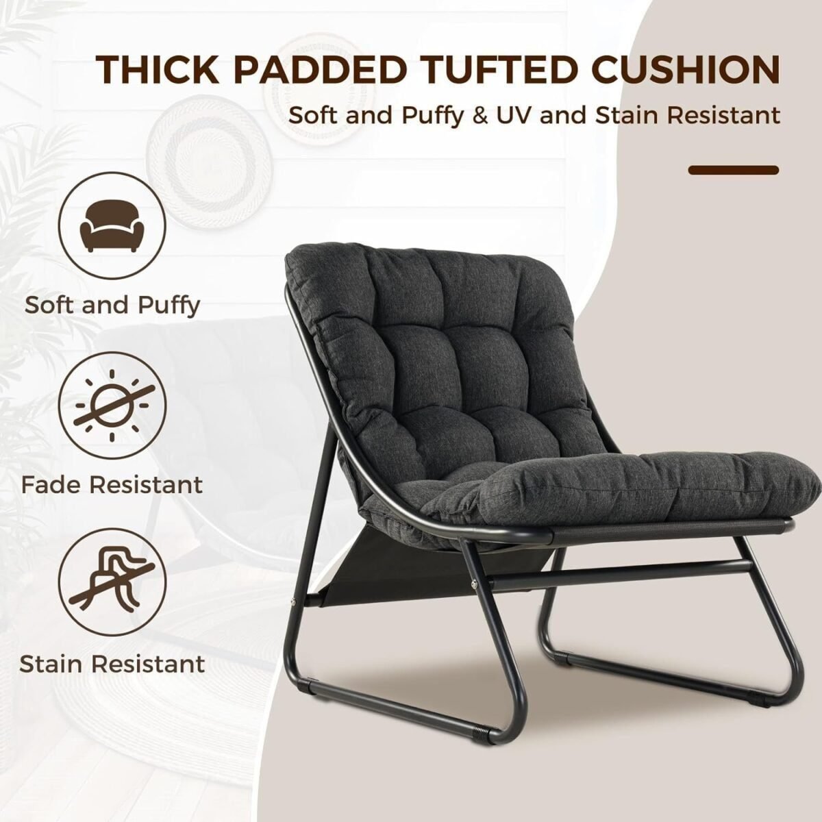 Outdoor Lounge Chair with Ottoman, Comfy Sling Recliner Chair with Puffy Cushion and Footstool