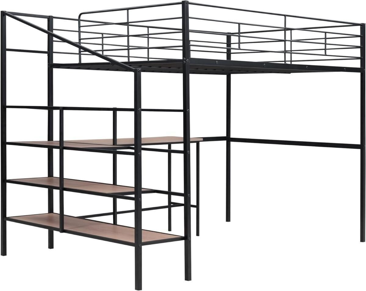 Metal Full Size Loft Bed with Desk,Heavy Duty Bedframe with Storage Stair for Bedroom