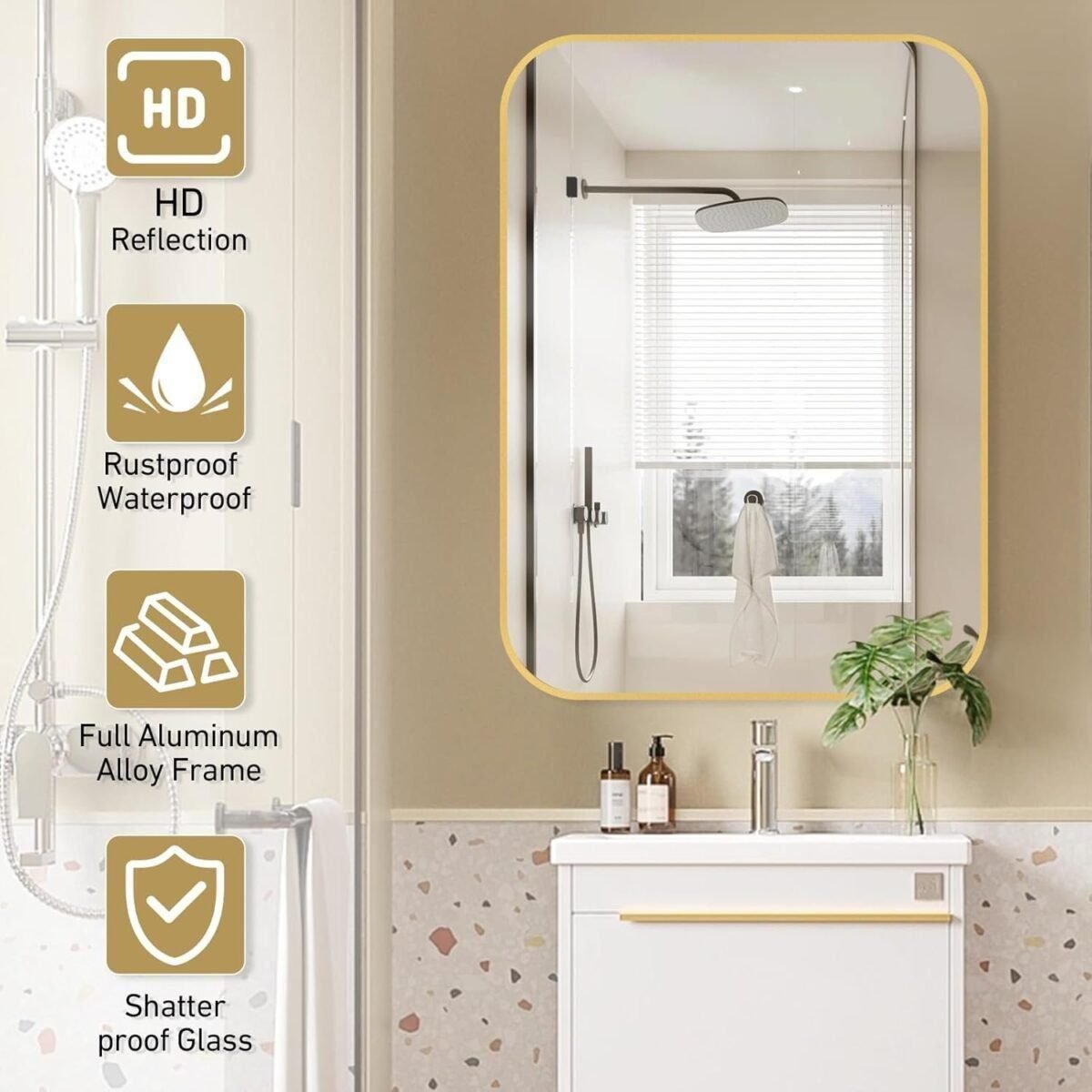 16x20 Inch Bathroom Mirror for Wall,Gold Framed Rectangle Mirror with Rounded Corner,Aluminum Alloy Framed Brushed Wall Mirror