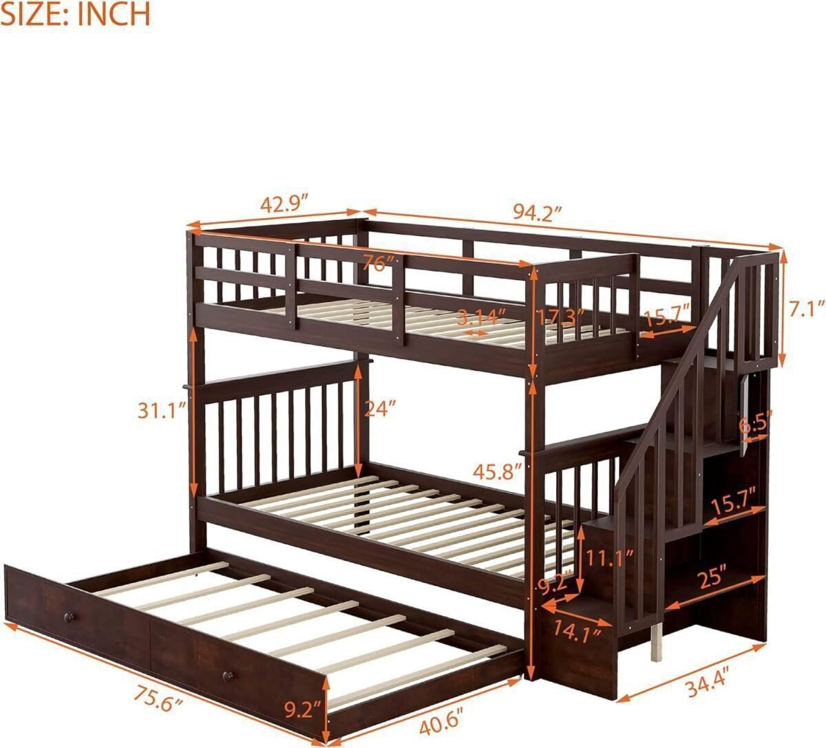 Bunk Bed with Stairs Storage, Twin Over Twin Size, Wooden Stairway Bunkbeds