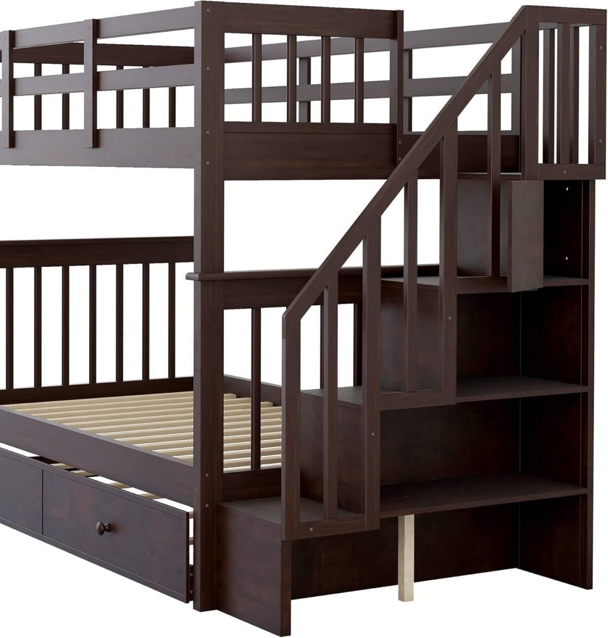 Bunk Bed with Stairs Storage, Twin Over Twin Size, Wooden Stairway Bunkbeds