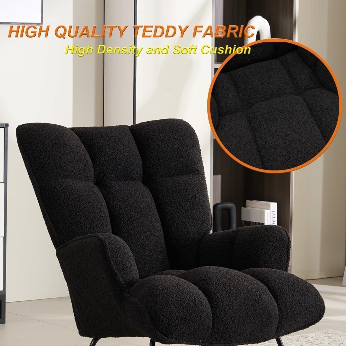 Teddy Upholstered Glider Rocker with High Backrest, Reading Chair Modern Rocking Accent Chairs