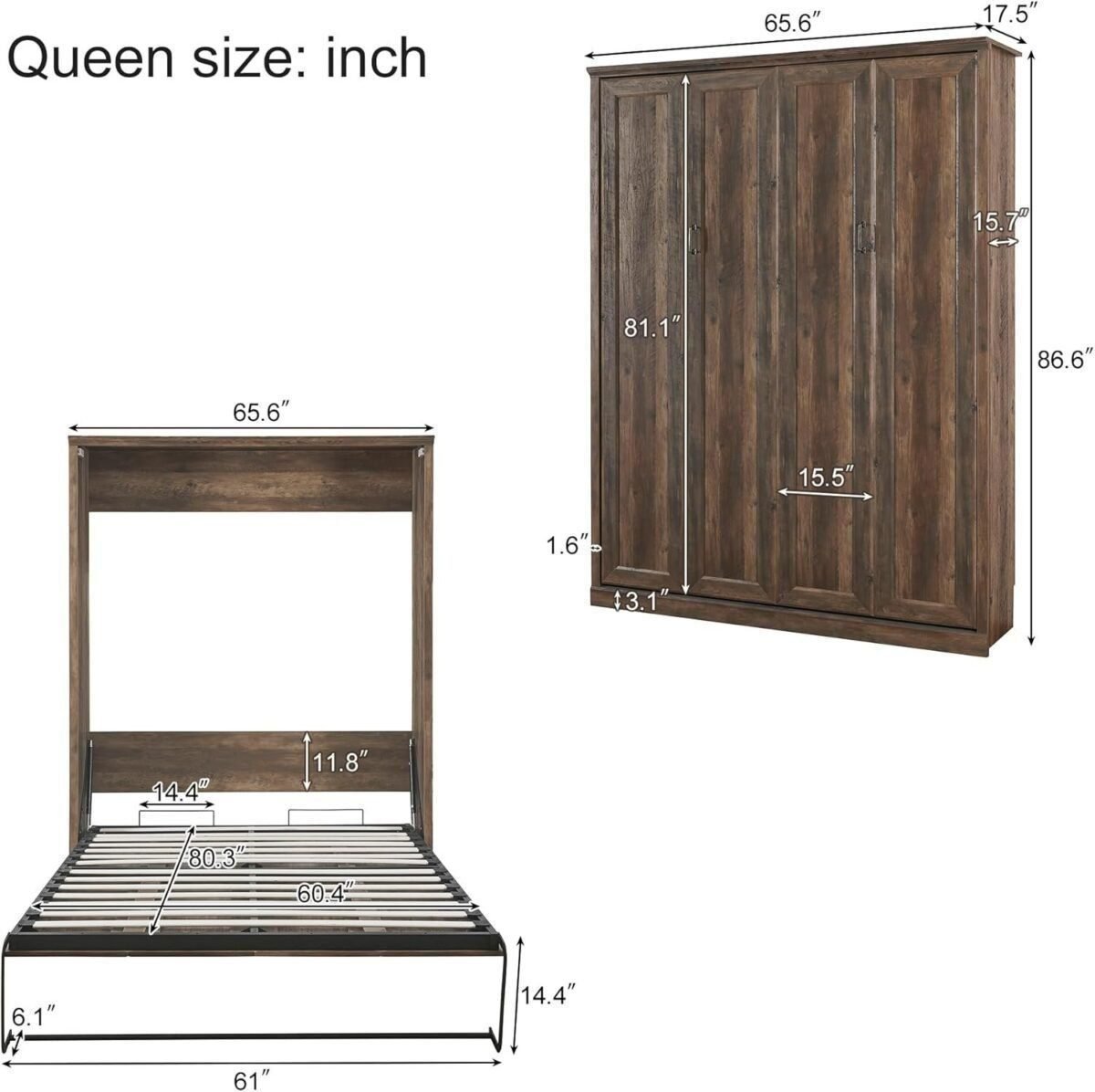 Queen Murphy Bed Folded into Cabinet, 2 in 1 Wall Bedframe Wooden, Foldable/Space Saving