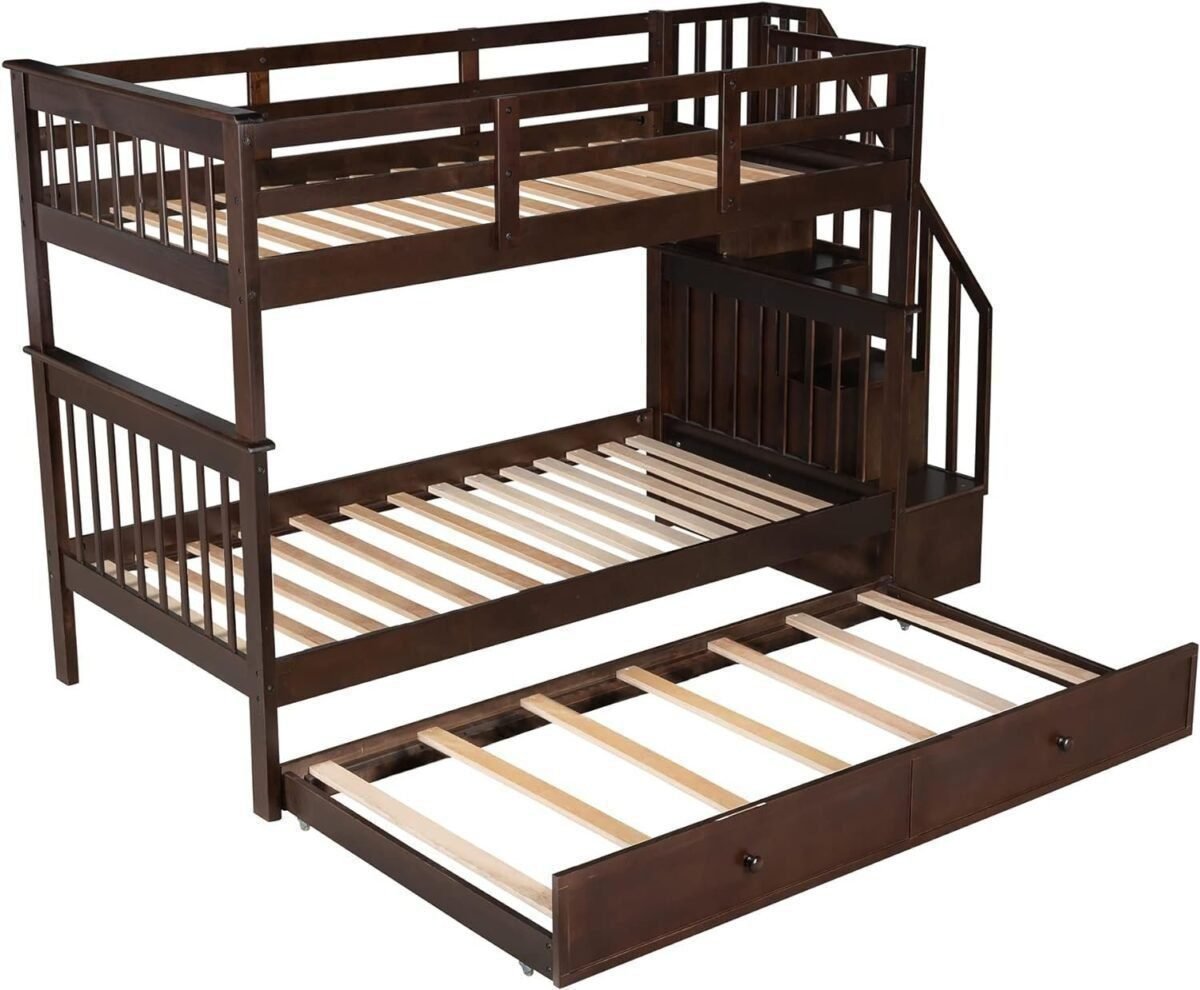 Bunk Bed with Stairs Storage, Twin Over Twin Size, Wooden Stairway Bunkbeds