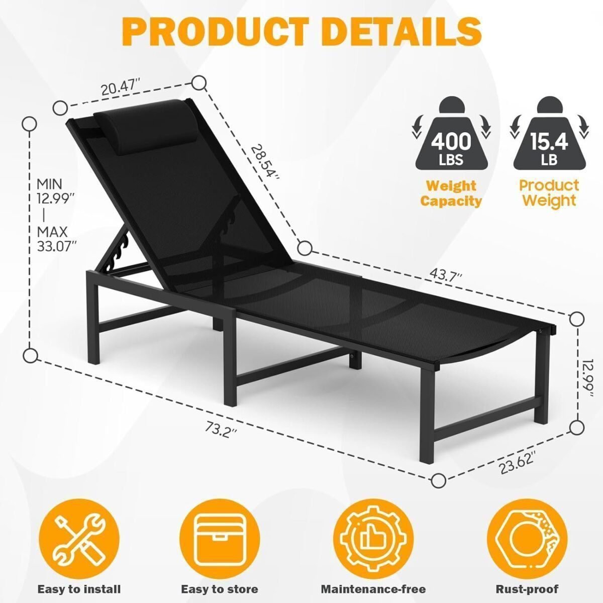 Aluminum Patio Lounge Chairs,Lounge Chairs with 5 Adjustable Backrest and Headrest Pillows