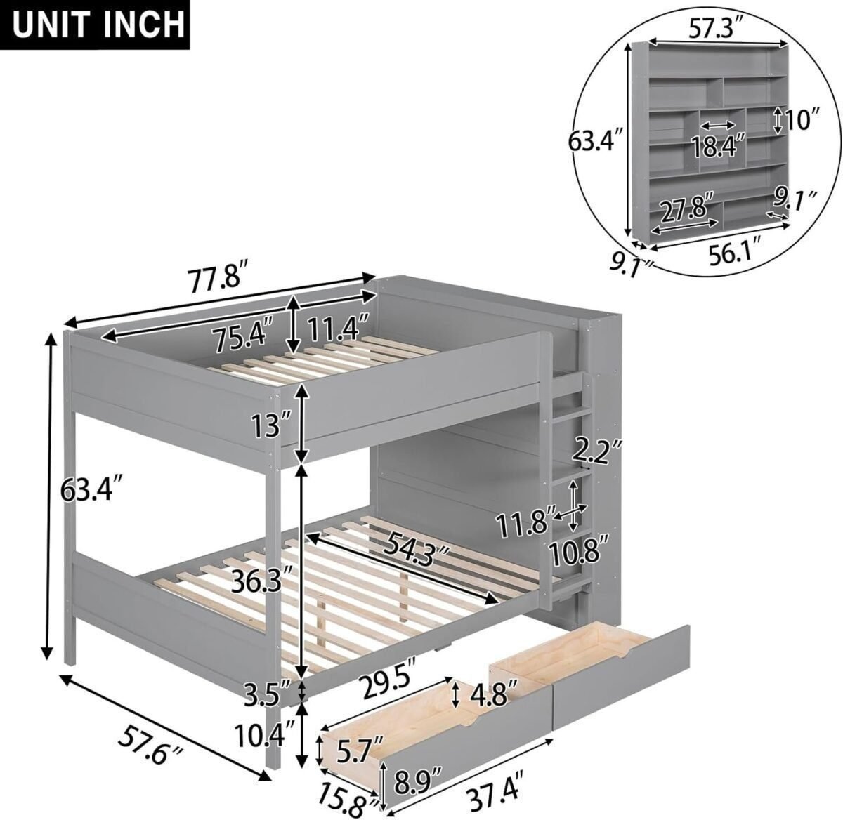 Full Over Full Bunk Bed with 2 Drawers and Multi-Layer Cabinet, Wooden Bunkbeds with Shelves Storage