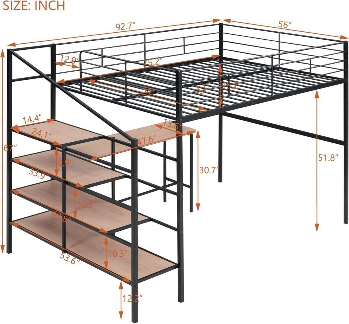 Metal Full Size Loft Bed with Desk,Heavy Duty Bedframe with Storage Stair for Bedroom