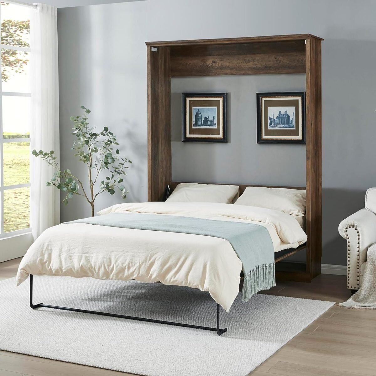 Queen Murphy Bed Folded into Cabinet, 2 in 1 Wall Bedframe Wooden, Foldable/Space Saving