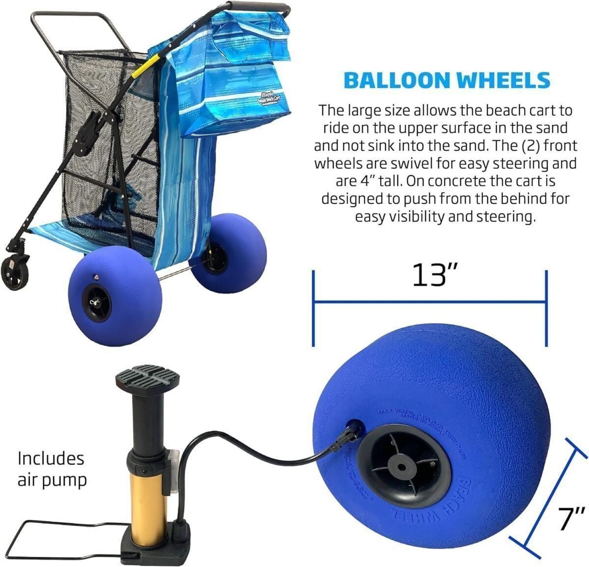 Beach Cart Balloon Wheel Deluxe Heavy Duty Folding Ocean, Sand Wheels Holds 4 Folding Chairs Umbrella Holder