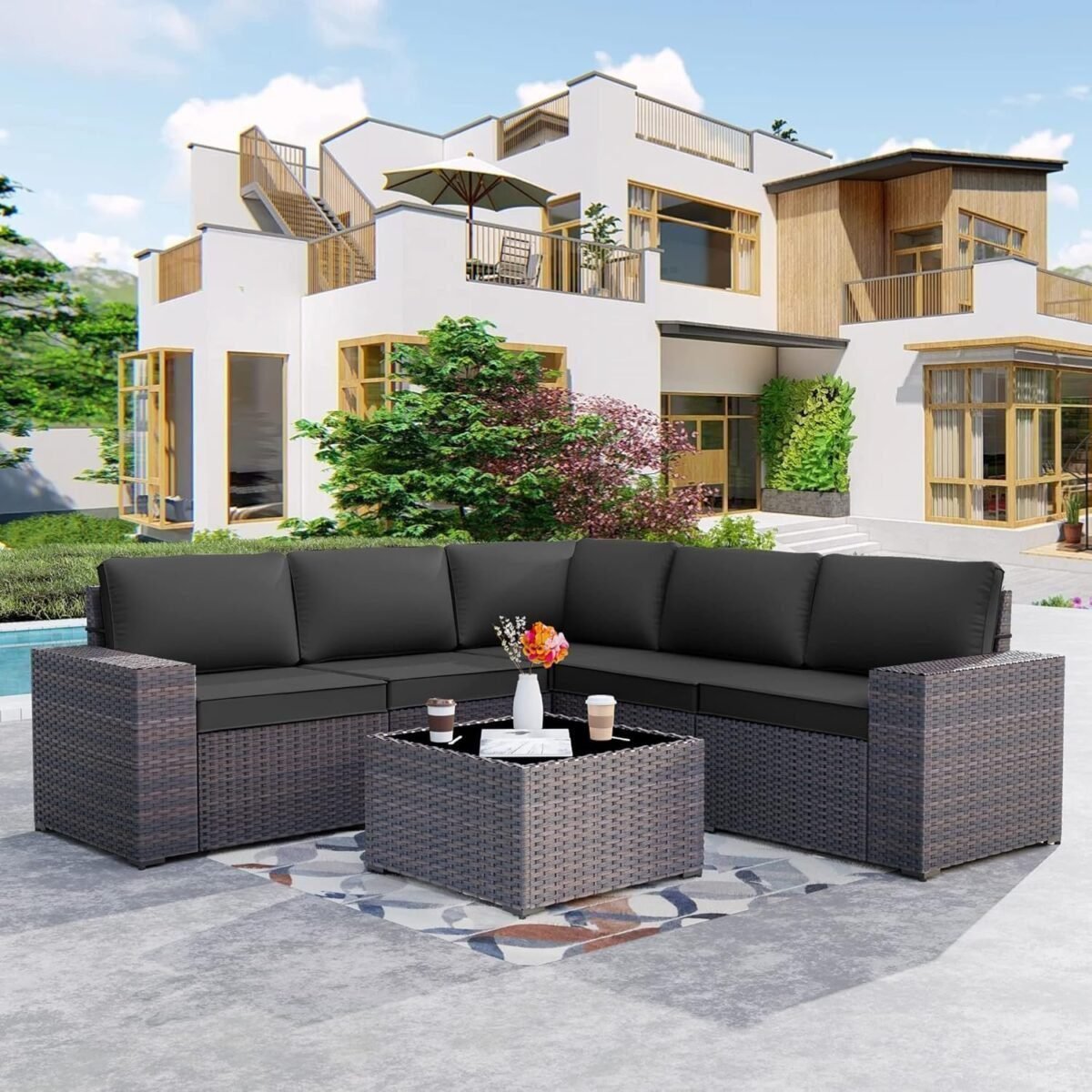 6-Pieces Wicker Sectional Sofa Set, Outdoor Furniture Rattan Patio Conversation Set with Thickened Cushion