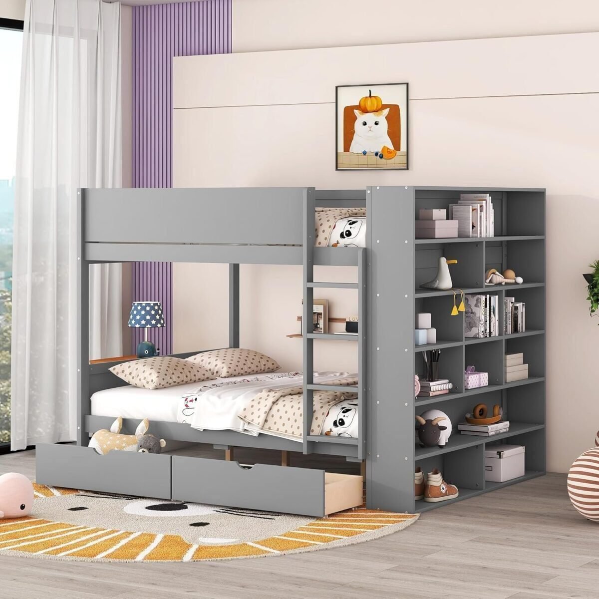 Full Over Full Bunk Bed with 2 Drawers and Multi-Layer Cabinet, Wooden Bunkbeds with Shelves Storage