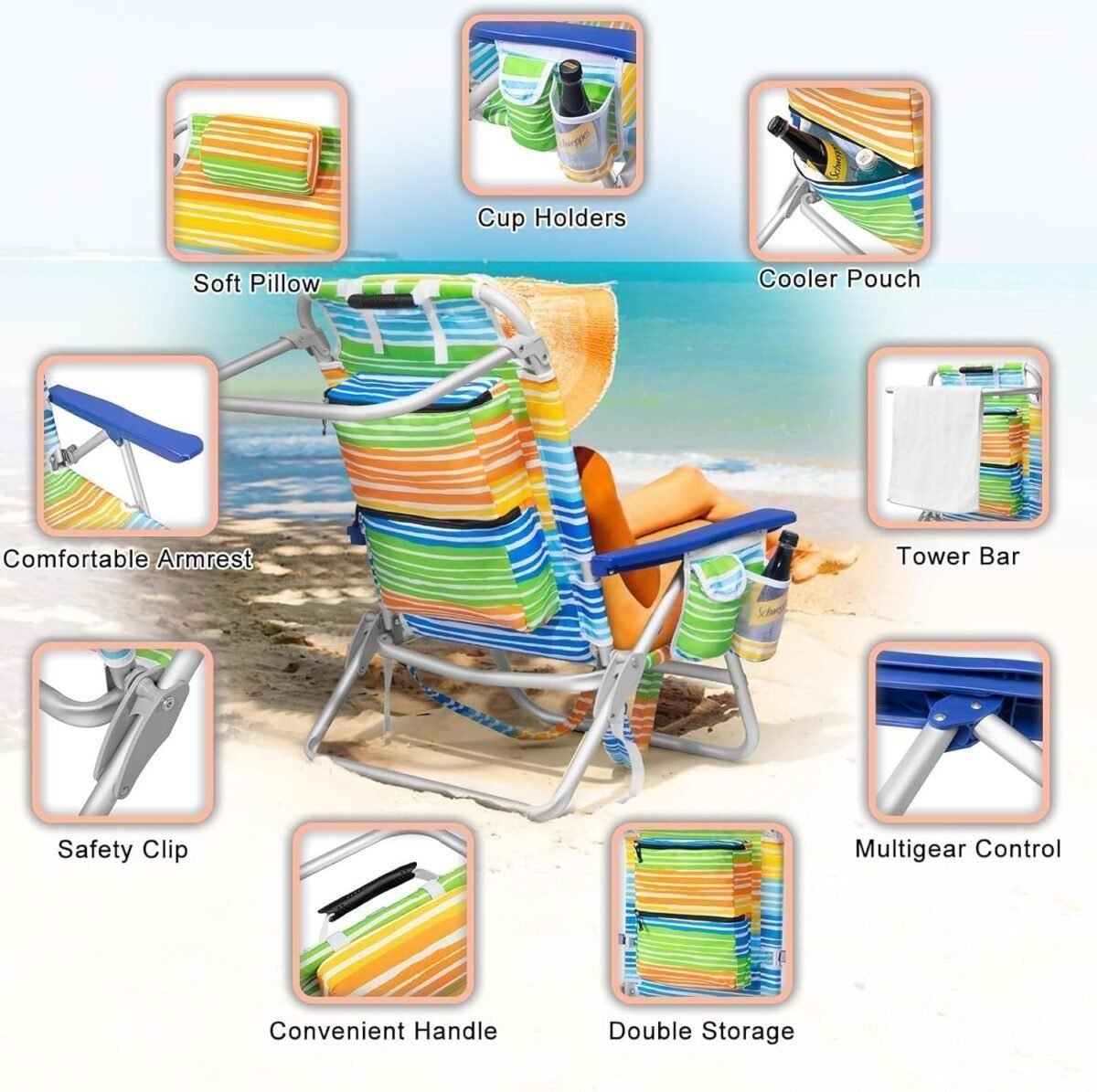 Backpack Beach Chairs for Adults - Folding Heavy Duty Camping Chair with Storage Pouch, Cup Holder Towel Rack