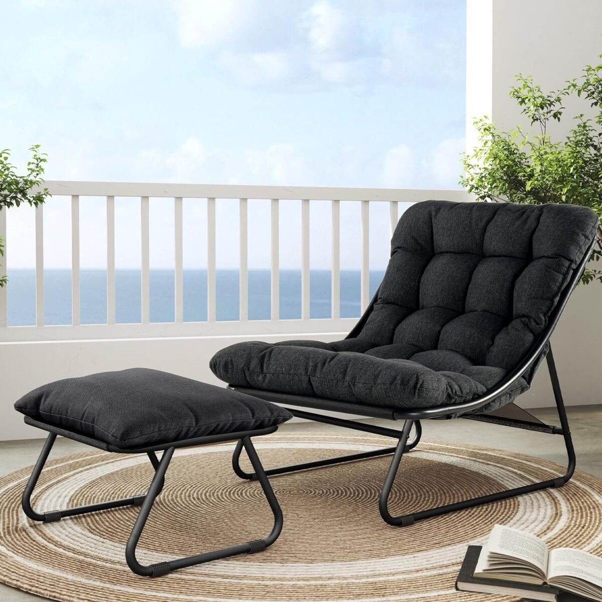 Outdoor Lounge Chair with Ottoman, Comfy Sling Recliner Chair with Puffy Cushion and Footstool