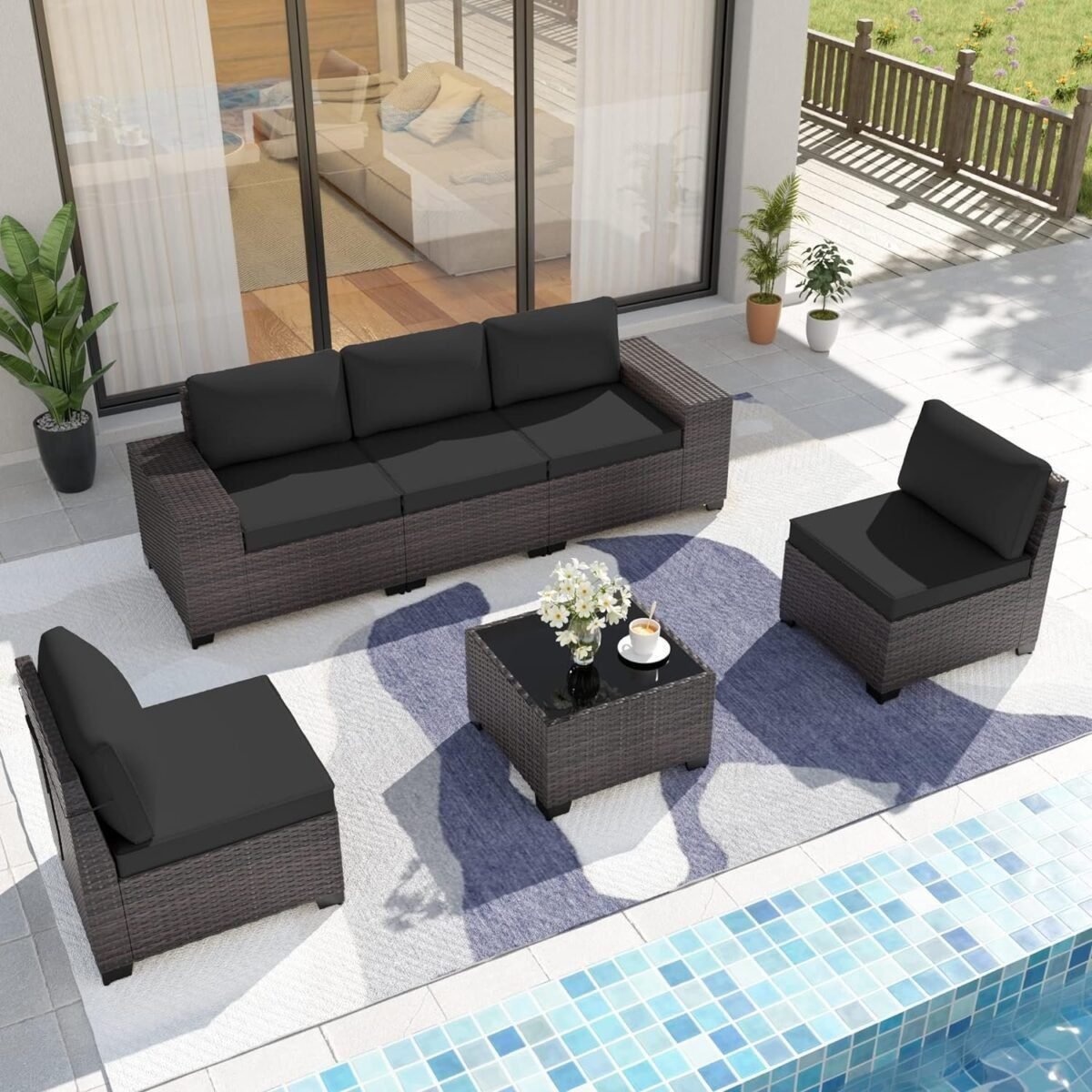 6-Pieces Wicker Sectional Sofa Set, Outdoor Furniture Rattan Patio Conversation Set with Thickened Cushion