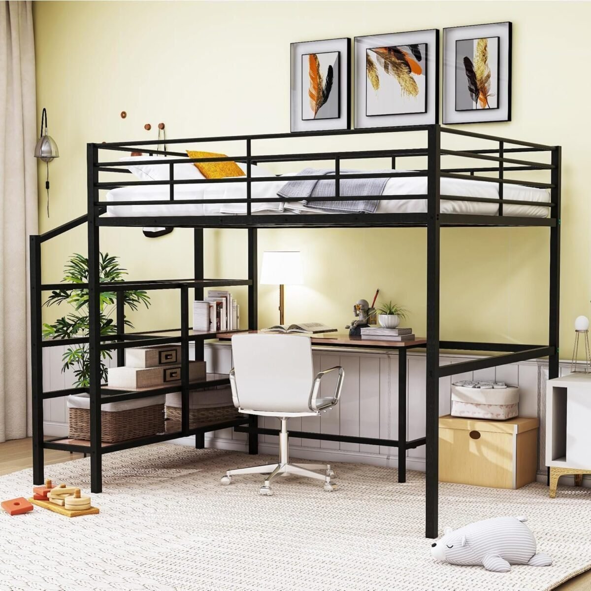 Metal Full Size Loft Bed with Desk,Heavy Duty Bedframe with Storage Stair for Bedroom