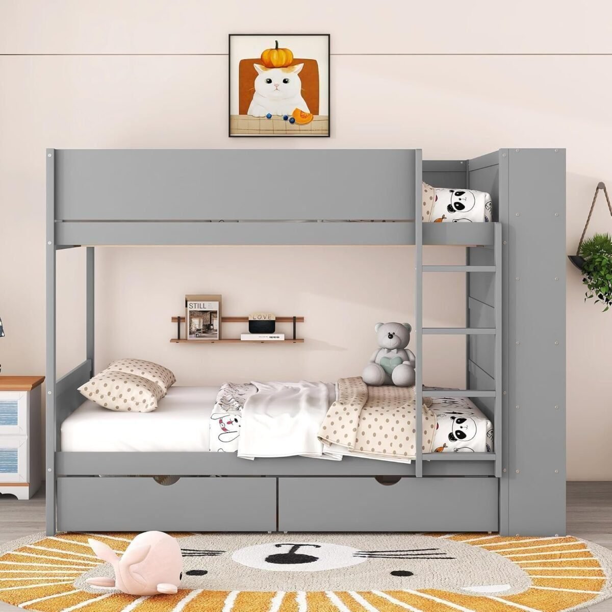 Full Over Full Bunk Bed with 2 Drawers and Multi-Layer Cabinet, Wooden Bunkbeds with Shelves Storage