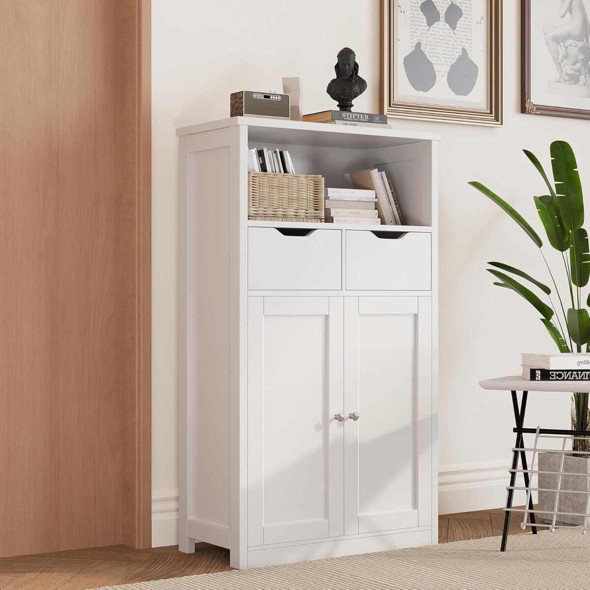 Floor Storage Cabinet, Bathroom Storage Organizer with Doors and Drawers