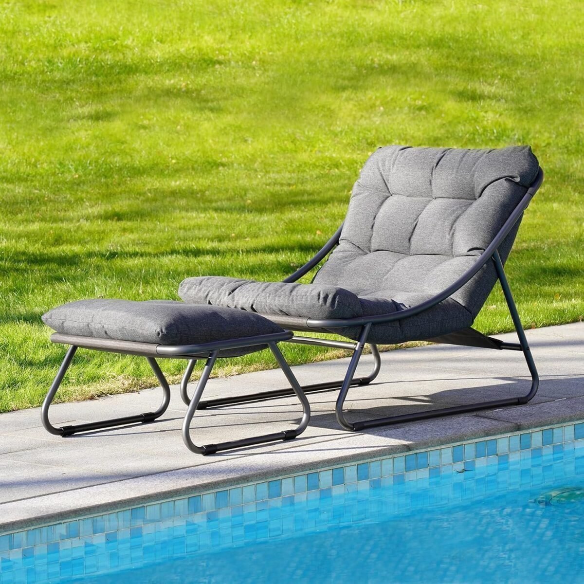 Outdoor Lounge Chair with Ottoman, Comfy Sling Recliner Chair with Puffy Cushion and Footstool