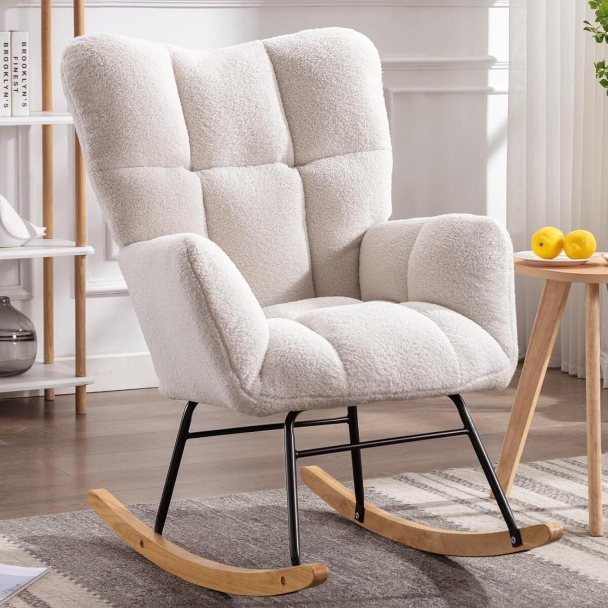 Rocking Chair Nursery Teddy Upholstered Glider Rocker High Backrest Nursery Rocker