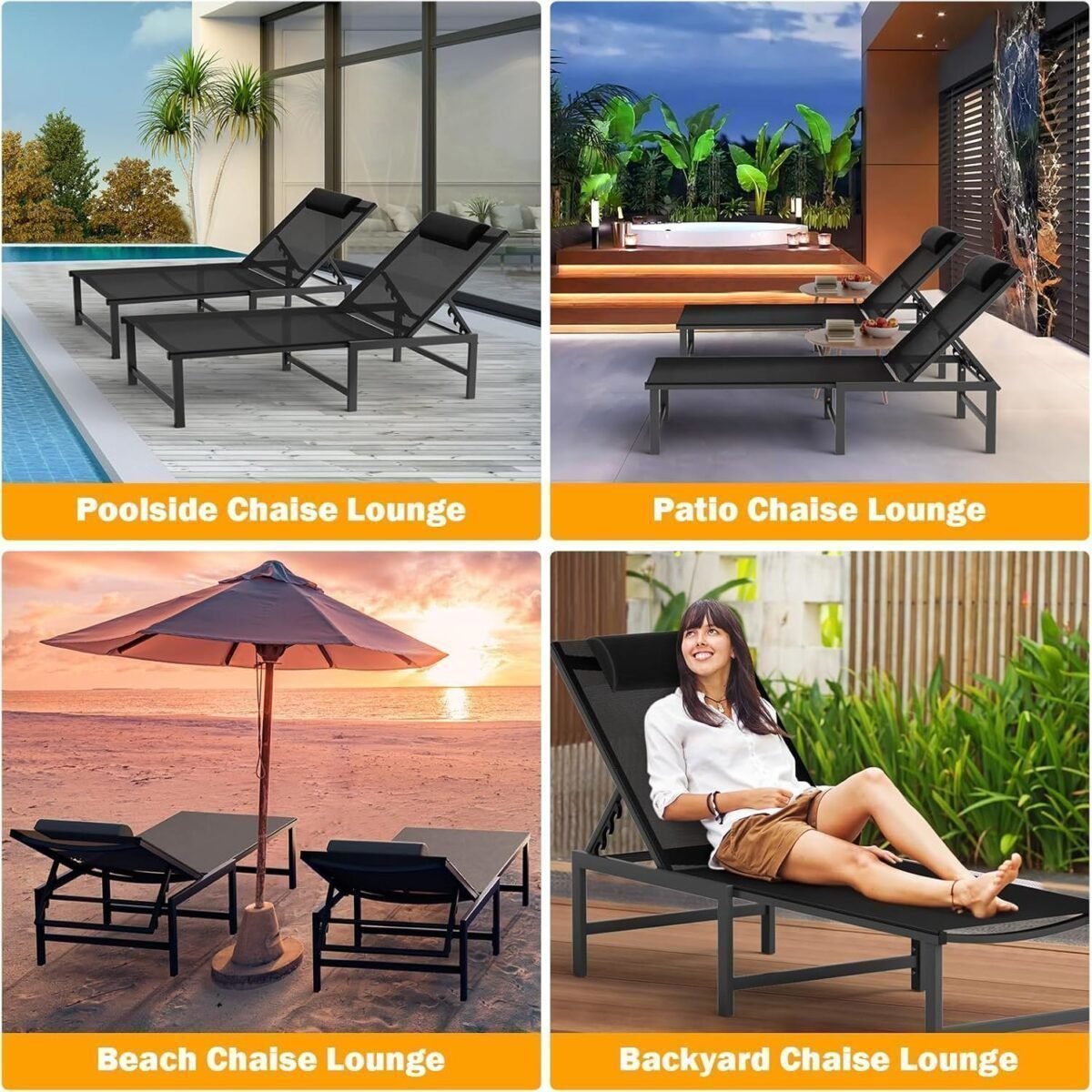 Aluminum Patio Lounge Chairs,Lounge Chairs with 5 Adjustable Backrest and Headrest Pillows