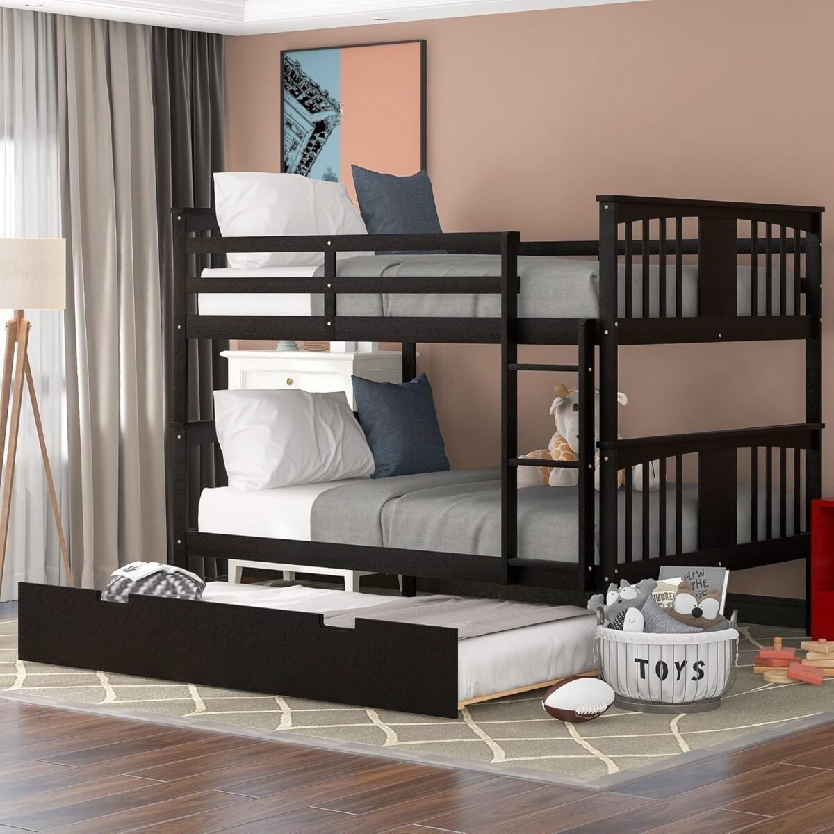 Full Over Full Bunk Bed with Twin Size Trundle, Wood Bedframe w/Guardrails and Ladder