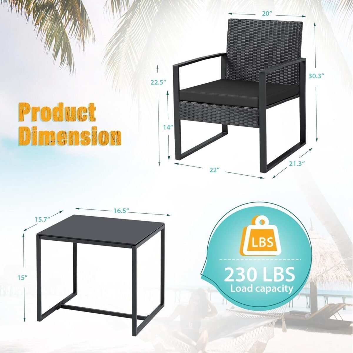 3 Pieces Patio Set Outdoor Wicker Furniture Sets Modern Rattan Chair Sets with Table for Yard and Bistro (Black)