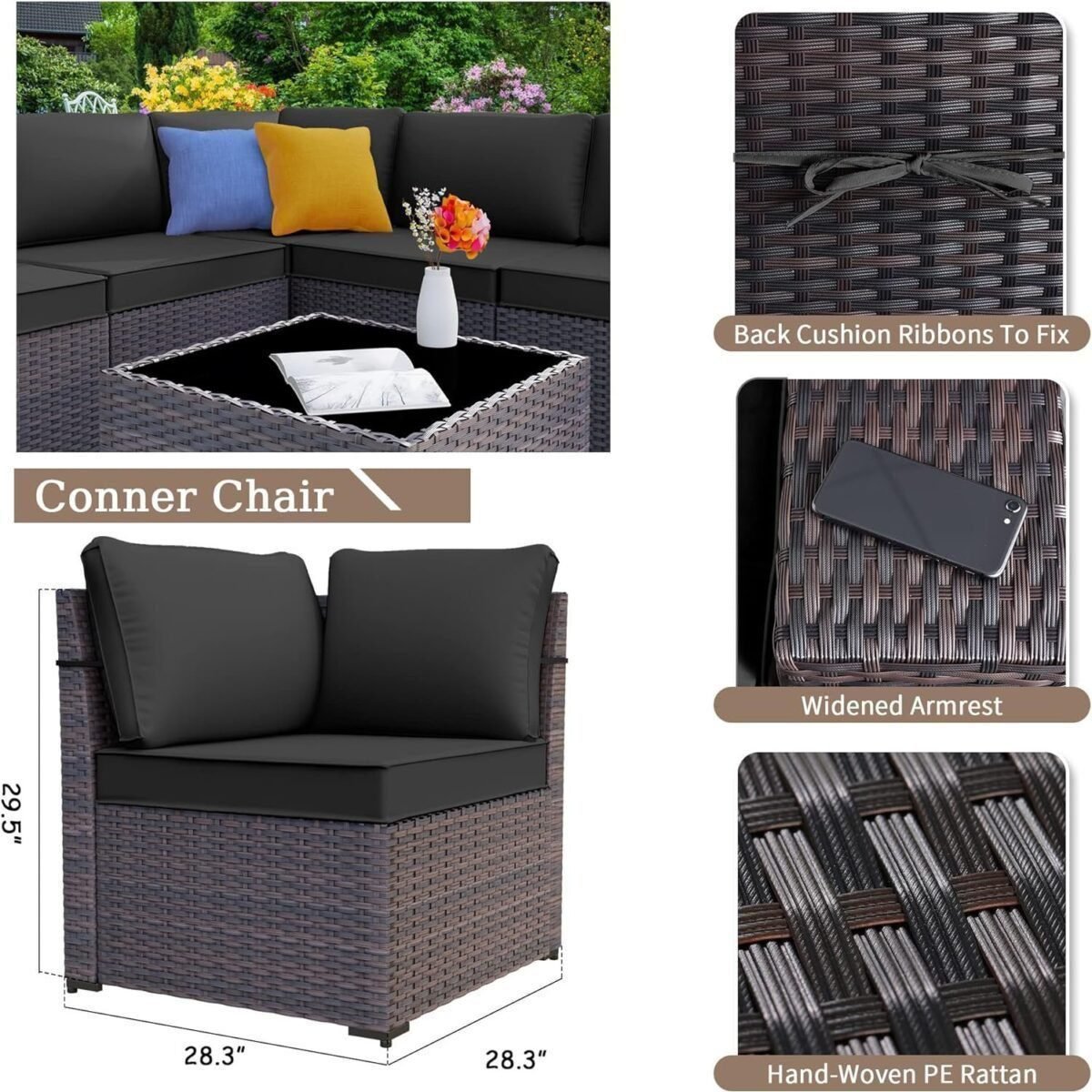 6-Pieces Wicker Sectional Sofa Set, Outdoor Furniture Rattan Patio Conversation Set with Thickened Cushion