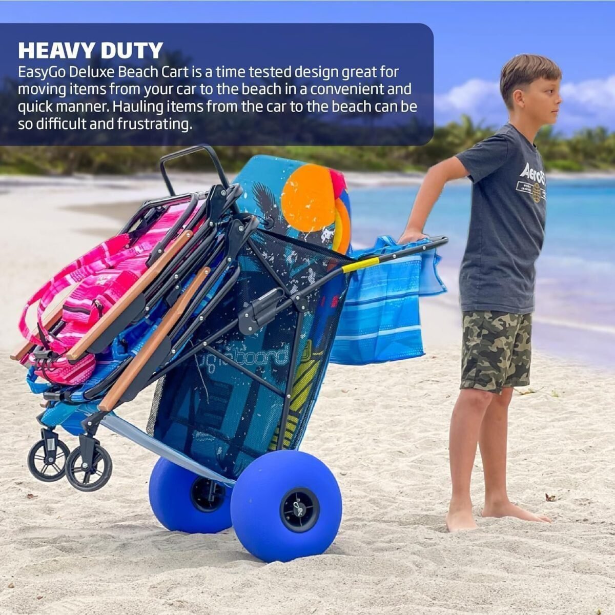 Beach Cart Balloon Wheel Deluxe Heavy Duty Folding Ocean, Sand Wheels Holds 4 Folding Chairs Umbrella Holder