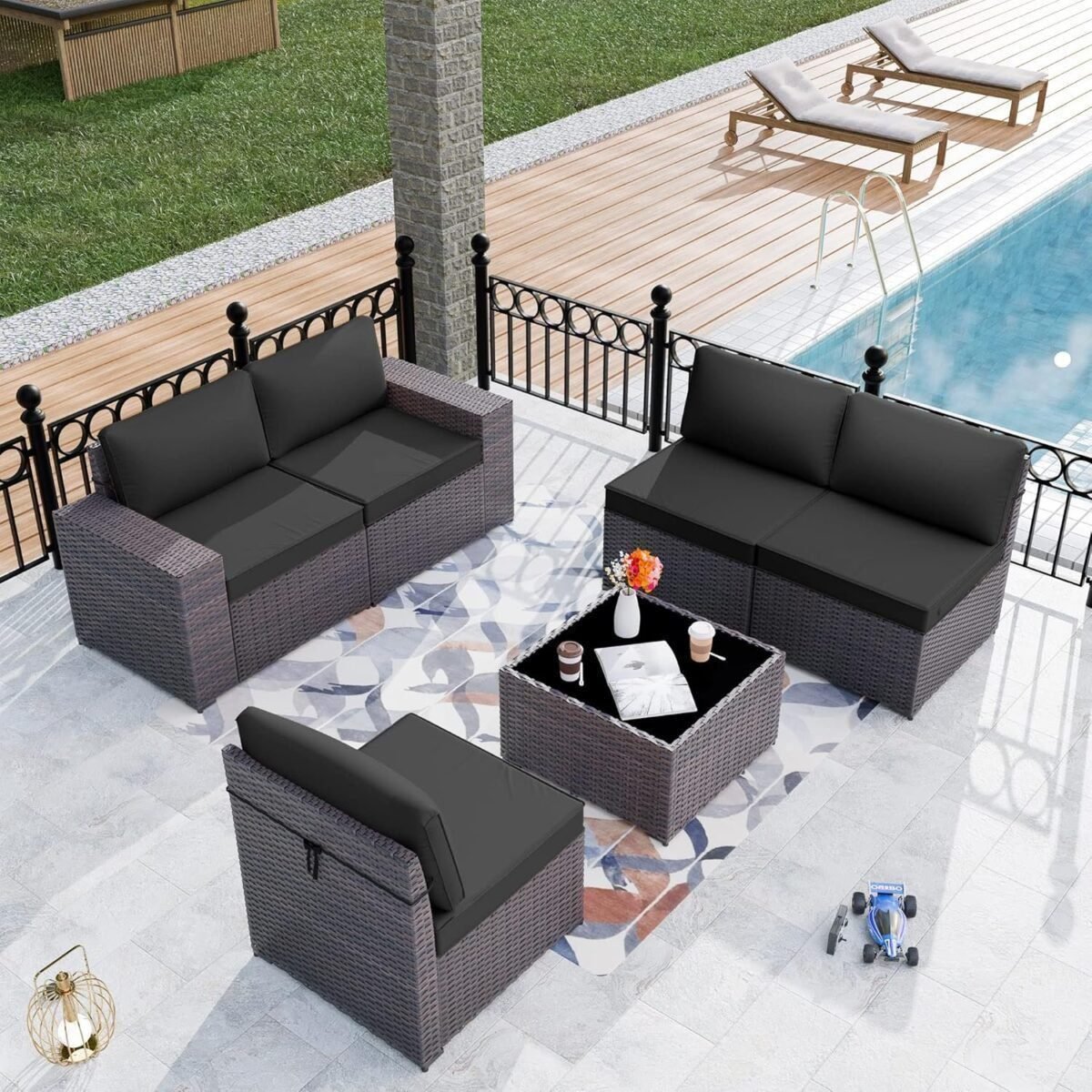 6-Pieces Wicker Sectional Sofa Set, Outdoor Furniture Rattan Patio Conversation Set with Thickened Cushion