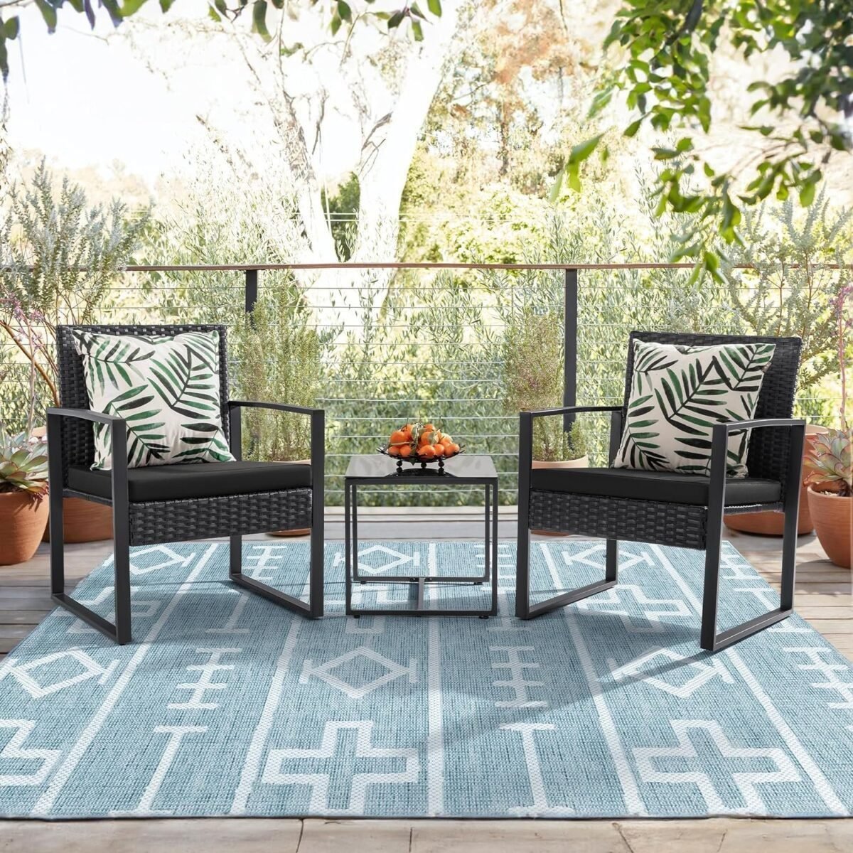 3 Pieces Patio Set Outdoor Wicker Furniture Sets Modern Rattan Chair Sets with Table for Yard and Bistro (Black)