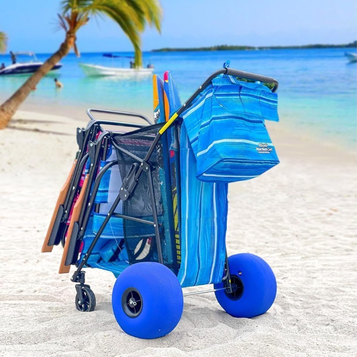 Beach Cart Balloon Wheel Deluxe Heavy Duty Folding Ocean, Sand Wheels Holds 4 Folding Chairs Umbrella Holder