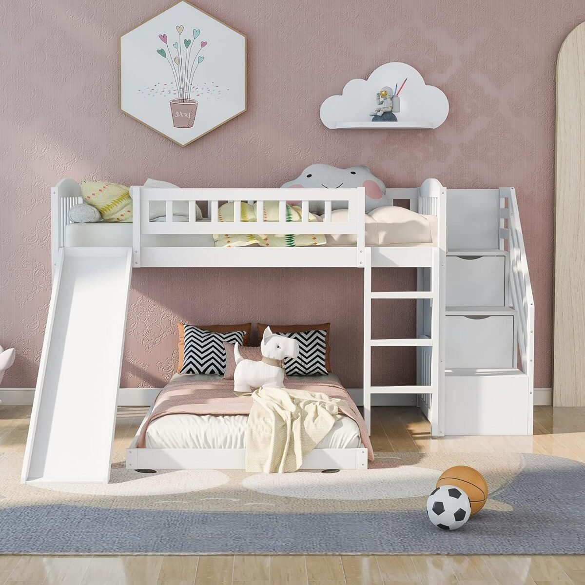 Twin Low Bunk Bed Slide and Storage Stairs Drawers, Wooden Floor Bunkbeds