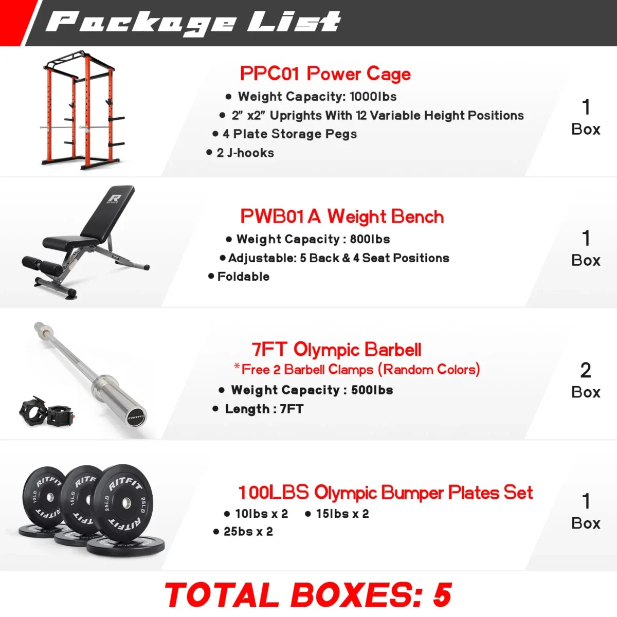 RitFit 1000LB Capacity Power Cage Rack with Bench, 100LB Bumper Plates