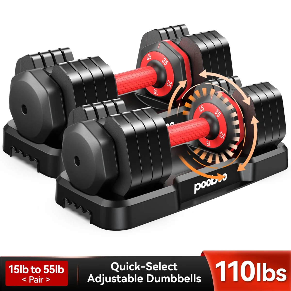 Pooboo 110LB Adjustable Dumbbells with Free Weight Rack Stand 15lb to 55lb Adjustable