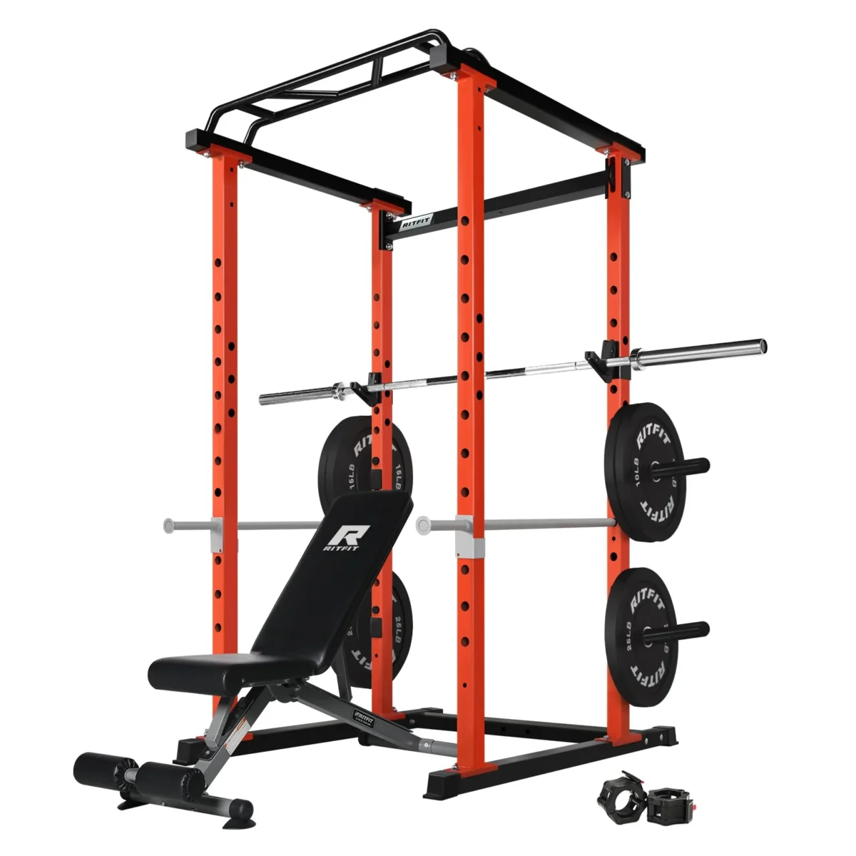 RitFit 1000LB Capacity Power Cage Rack with Bench, 100LB Bumper Plates