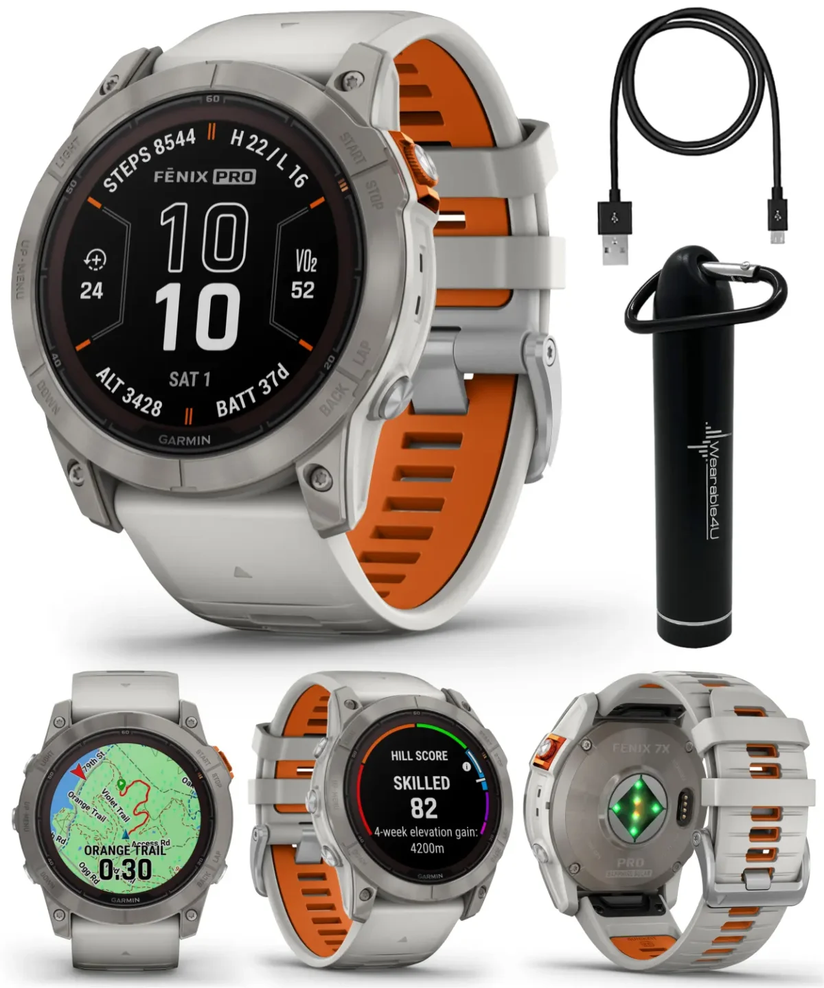 Garmin fenix 7X Pro Solar Sapphire 51mm Smartwatch Gary/Orange w/ Power Bank