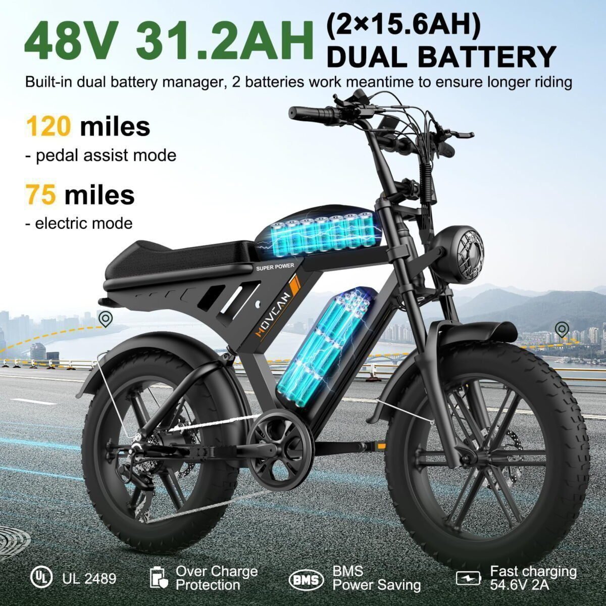 Movcan 750W Electric Bike for Adult, 20" Fat Tire Off-Road Ebike, 48V 31.2Ah Removable Dual Battery