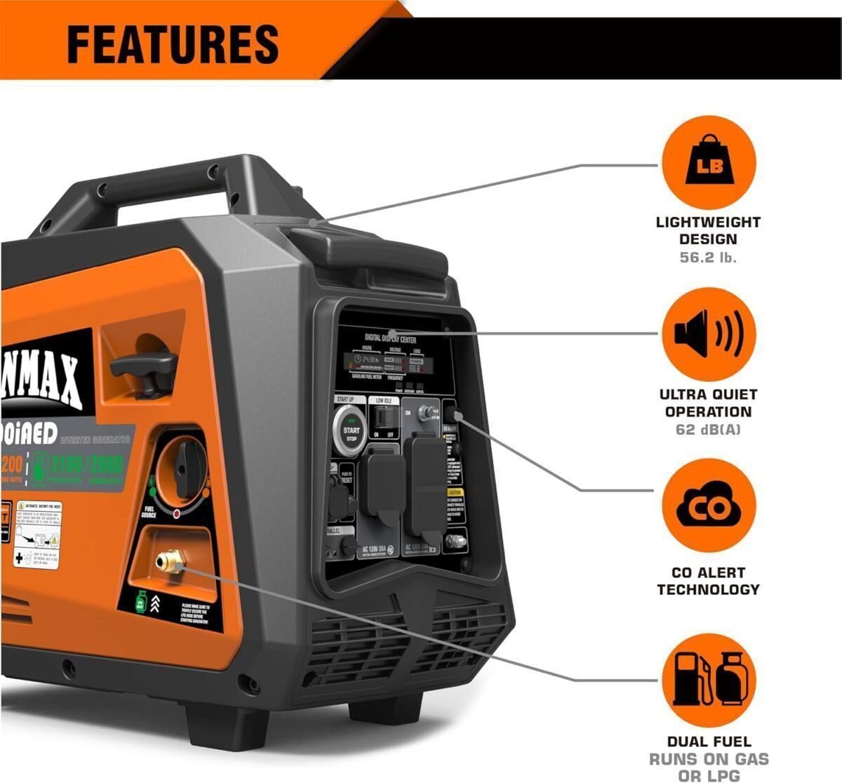 GENMAX Portable Inverter Generator, 3500W Super Quiet Gas