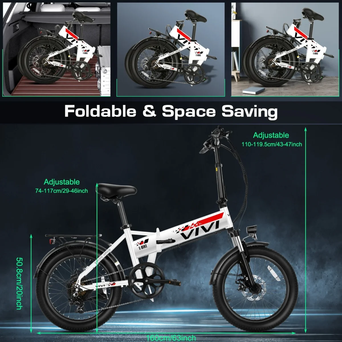 Vivi Electric Bike for Adults 20" x 2.4 Folding Electric Bike 48V 500W Electric Bike